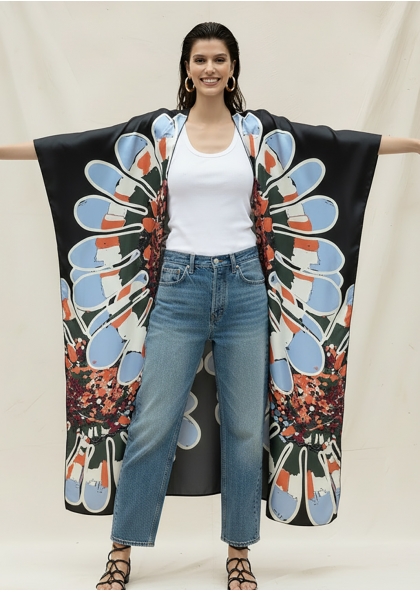 KIMONO EN SOIE - FLEURS DENIM 2